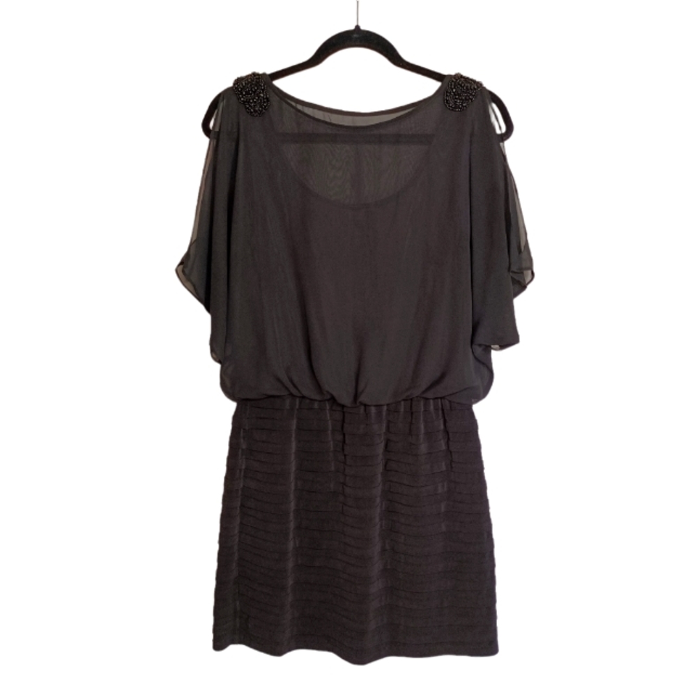 KARINA Beaded Cold Shoulder Semi Sheer Overlay Ribbed Layer Black Dress 6